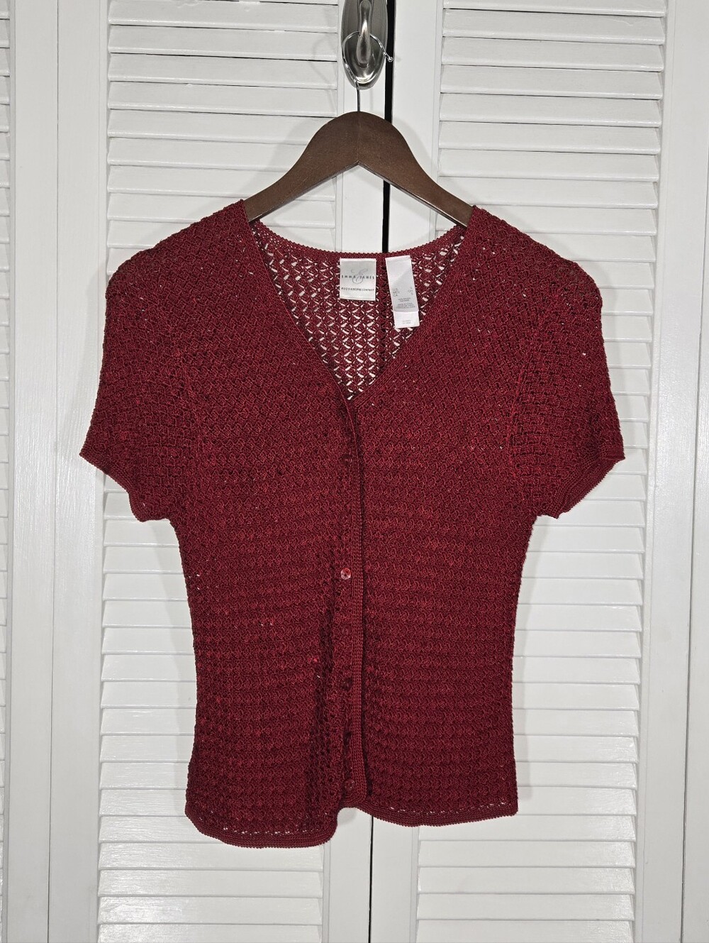 Emma James Short Sleeve Open Knit Crochet Red v Neck Button Down Cardigan S